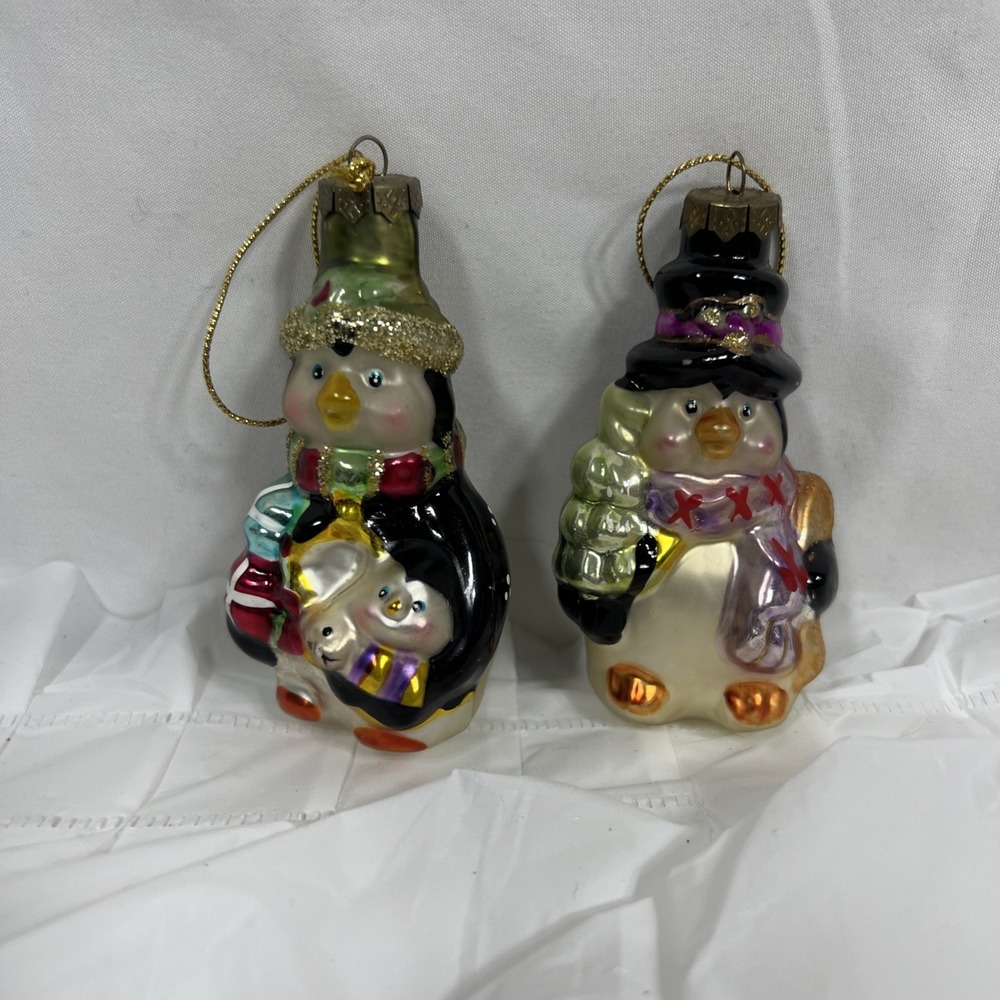 2 Blown Glass Penguins Christmas Ornament Colorful Gold Scrollwork Cap Gift Tree